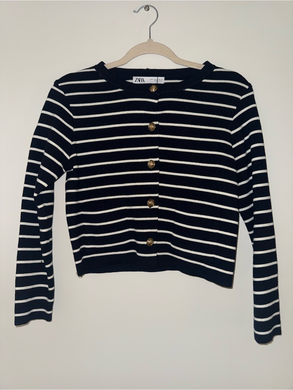Zara Navy & White Striped Button-Front Cardigan